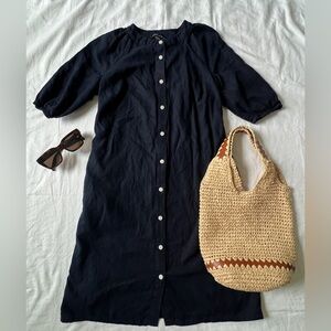 Nautica‎ Navy Linen Blend Mini Button Up Dress Puff Sleeves